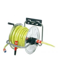 Muurhaspel gemonteerd 25m - 5/8 inch met gele tuinslang en 1/2 inch pvc koppelingen