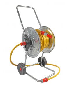 Haspel, gemonteerd 25m - 1/2 inch met gele tuinslang en 1/2 inch pvc koppelingen, volledig verzinkt