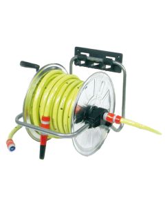 Wall reel mounted 25m - 1/2 inch with yellow garden hose and 1/2 inch pvc couplings