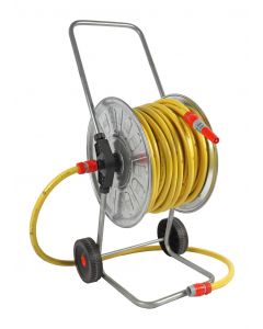 Haspel, gemonteerd 50m - 1/2 inch met gele tuinslang en 1/2 inch pvc koppelingen, volledig verzinkt
