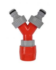 Y-vertakking met 2 opgeschroefde kraannippels en 1 snelkoppeling (pvc) op kaart