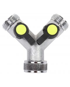 Y-vertakking met 2 bolkraantjes, ingang 1 inch inwendige draad en uitgang 3/4 inch uitwendige draad (messing) op kaart